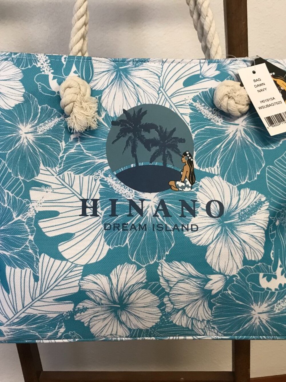 NWT Hinano Tahiti Blue Tropical Floral Beach Tote Bag Rope Handles Magnetic Snap